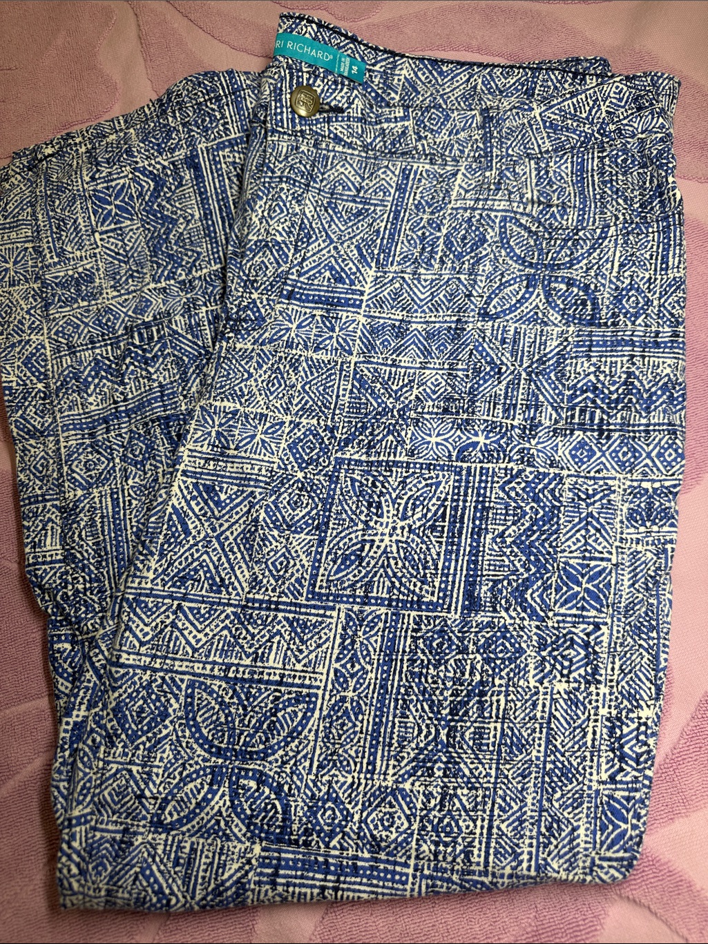 Tori Richard Blue & White Tapa Printed Cotton Pants - Geometric Tile Pattern